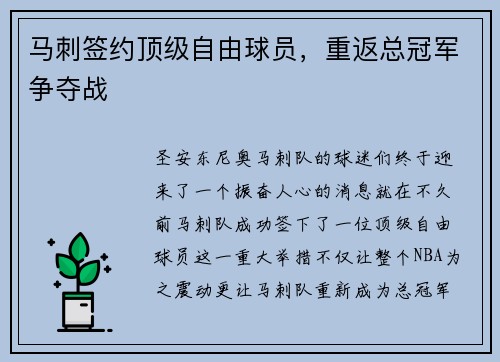 马刺签约顶级自由球员，重返总冠军争夺战